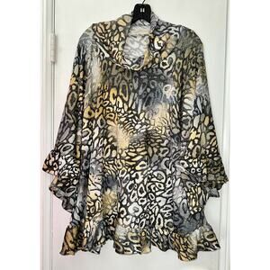 Oddi Mustard & Blue animal Print Turtle Neck Knit Top ~ M/L